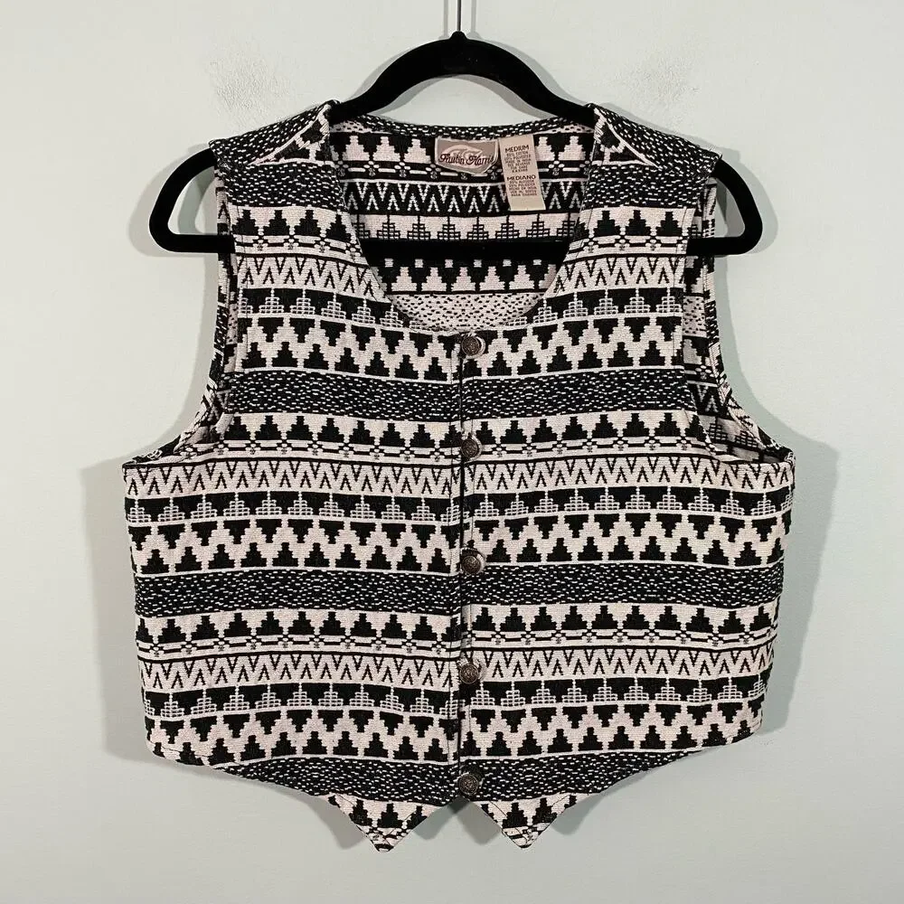 Austin Harris Black & White Aztec Tapestry Knit Western Button Up Vest Size M